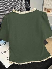 Everyssa 女士夏季拼接荷叶边短款泡泡袖单排扣T恤 - 軍綠色 - 查看 2