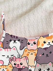 SHEIN 2 件套年轻女孩休闲简约猫咪卡通印花吊带背心和短裤睡衣套装，适合夏季 - 彩色 - 查看 4
