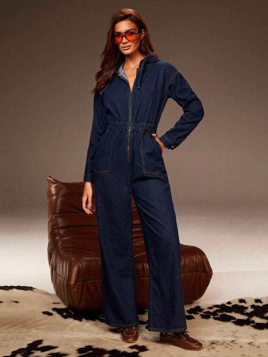 Athîral Women's Indigo Utility Jumpsuit With Zip-Front ,Hood & Side Pockets | Relaxed Yet Figure-Flattering One-Piece For Urban Nomadic Style,Suitable For Commuting,Leisure, Chic Autumn/Winter