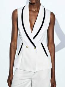 Maija Women's V-Neck Color Block Casual Blazer,Elegant Office Summer Wear,Black And White Versatile Fashion Workwear Jacket With Metal Button,Chic Style - Black and White - View 2