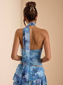 SHEIN BAE 女式纯蓝色动物印花蛇纹性感围巾装饰修身度假背心，适合夏季 - 藍色 - 查看 2