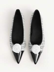 CUCCOO CHICEST Women's Flat Slip-On Shoes, Pointed Toe, Multi-Color Pearl Rose Flower Design, Elegant Outdoor Flats - Black and White - View 1