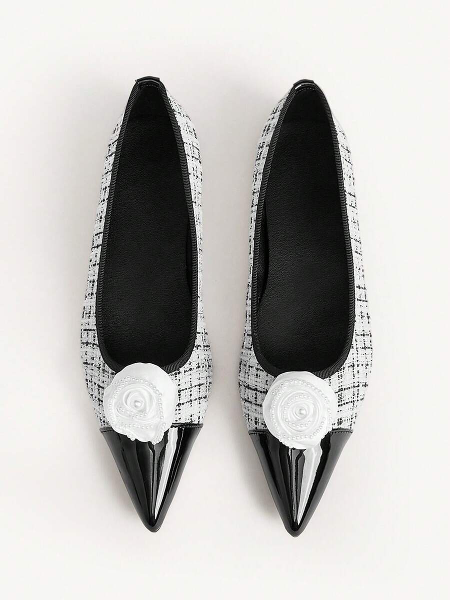 CUCCOO CHICEST Women's Flat Slip-On Shoes, Pointed Toe, Multi-Color Pearl Rose Flower Design, Elegant Outdoor Flats - Black and White - View 1