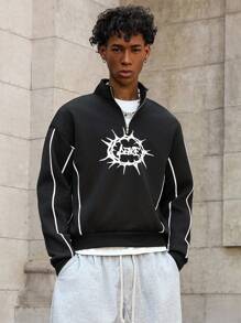 PAVTROS Sudadera con media cremallera y cuello alto con estampado de espuma con diseño de paz Manfinity Streetrush para hombres, sudadera con gráficos de vuelta al colegio para hombres, estilo rave, estilo emo, estilo años 2000, otoño e invierno - Negro - Ver 6