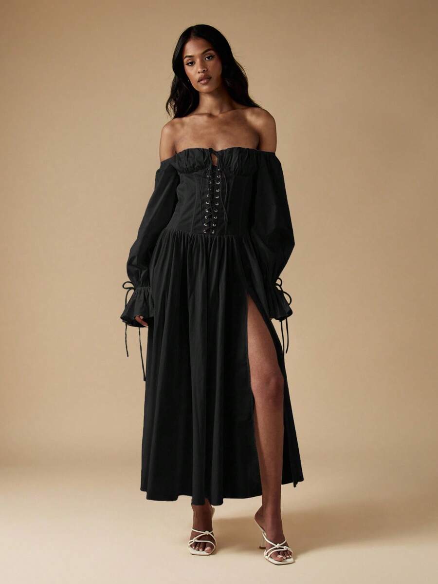 MISSGUIDED Váy maxi trễ vai kiểu corset có chi tiết tay áo buộc nơ lấy cảm hứng từ phong cách Victoria mùa thu đông kiểu Gothic váy dạ hội dài dự tiệc trang trọng cho dịp đặc biệt - màu đen - Xem 1