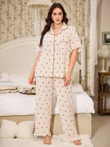 CottageSlumber Plus Size Women Bubble Wrinkle Cherry Print Ruffle Trim Short Sleeve Pajama Set Plus Size Pajama Set Plus Size Sleepwear Set Curve Pajamas Set Plus Size Pajamas Women Plus Sleepwear