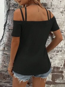 SHEIN LUNE Áo thun hở vai không tay màu trơn đơn giản dành cho nữ, mùa hè - màu đen - Xem 2