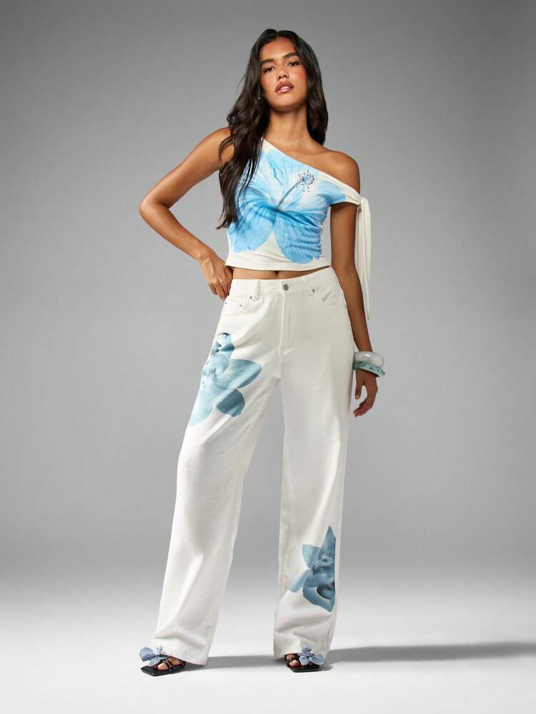 MISSGUIDED High Rise Printed Wide Leg Jeans Floral Watercolor Design Baggy Denim Spring Summer Festival Casual Street Style Statement Pants