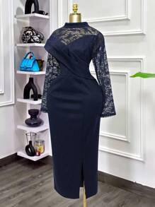 Modelyn 大码女式立领撞色蕾丝长袖开衩下摆优雅连衣裙 - 藏蓝色 - 查看 8