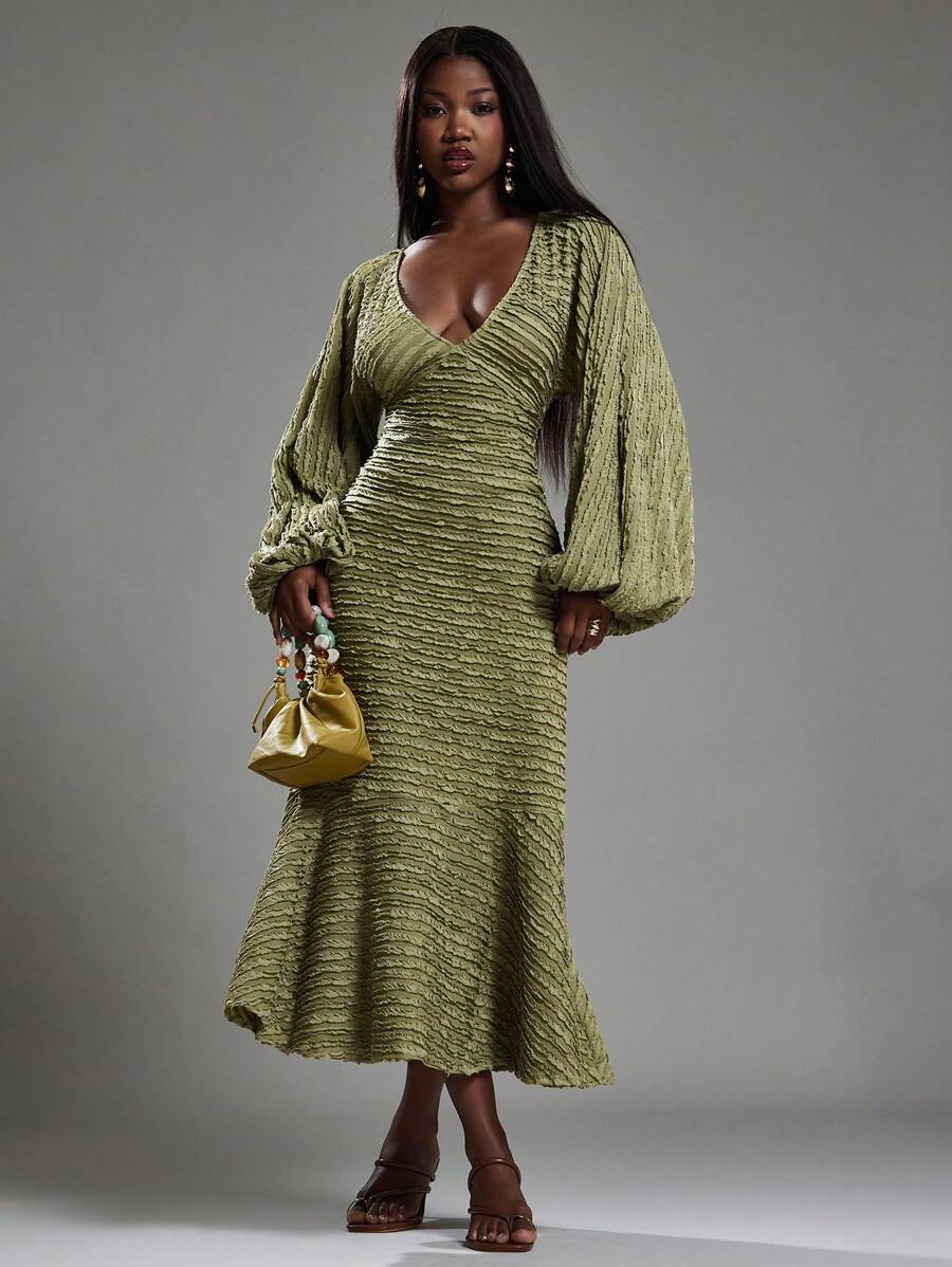 NYA SZN Dress Long Sleeve Deep Plunge Textured Special Occasion Wedding Guest Bridal Event Modest Church Old Money Party Night Out Fall Winter Midi Maxi Dresses Statement Valentines Day St. Patricks Outfits For Women - Green - View 1