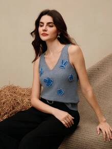 Anewsta 时尚V领无袖钩针3D花卉装饰女式背心 - 灰色 - 查看 4