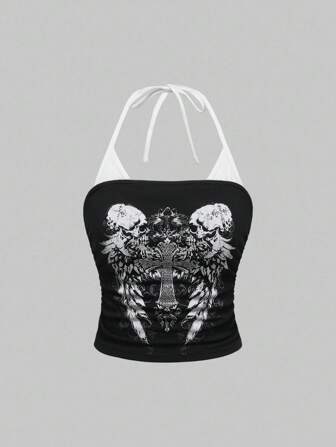 Grunge Punk Plus Size Sexy Skeleton Contrast Camisole Tank Top For Women, Versatile