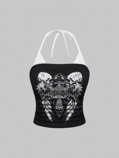 Grunge Punk Camiseta de tirantes sexy de talla grande con contraste de esqueleto para mujeres, versátil