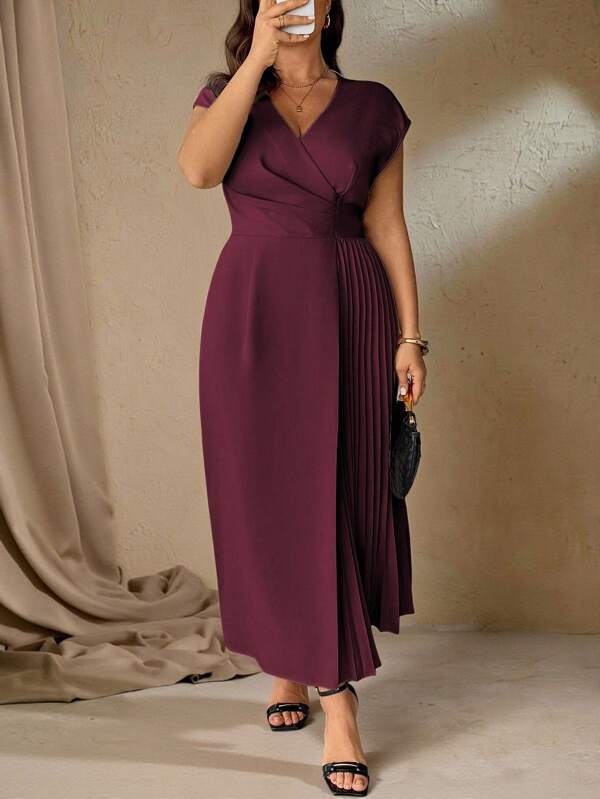 Roveilla Plus Size Women's Elegant Minimalist V-Neck Waist Pleated Midi Dress, French Style For Casual, Office, Business, Vacation And Afternoon Tea, Solid Color, Loose Fit, Long Sleeves, Spring/Summer