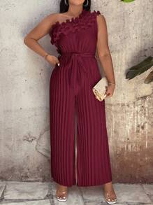 SHEIN Clasi Plus Size Elegant Solid Color Pleated Jumpsuit, Summer - Burgundy - View 1