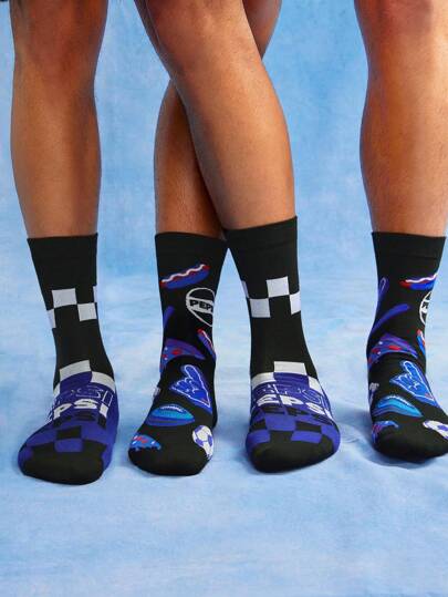 PEPSI X SHEIN 2 Pairs Soft & Breathable Moisture-Wicking Casual Men Crew Socks Fashionable Sports Black Crew Socks Reinforced Toe & Heel For Durability Unisex Women All Season All-Match Summer Winter