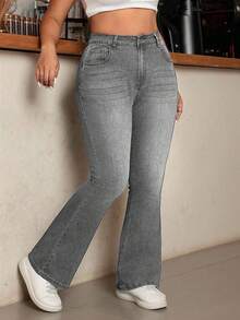 SHEIN Cottnline Plus Size Casual Traditional Washed Slim Fit Flare Leg Jeans Formal Going Out Grey Summer - Grey - View 1
