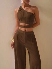 Zivah 2025春夏新款优雅度假休闲通勤母亲节婚礼季音乐节派对街头俱乐部白色纹理面料单肩扭纹细节腰部镂空上衣与阔腿长裤带口袋两件套 - 咖啡棕 - 查看 1