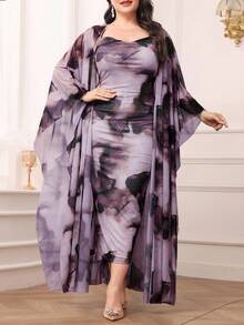 Modelyn Set de 2 piezas de vestido y chal con estampado tie-dye de talla grande