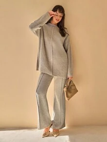 CLARA VERO Completo in maglia larga da donna - top in acrilico beige pietra con collo alto, cuciture centrali e laterali a vista