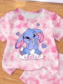 Adorable Pink Tie-Dye Co-Ord Set With Bunny Graphics And Round Neck Tee For Kids - Multicolor - View 5
