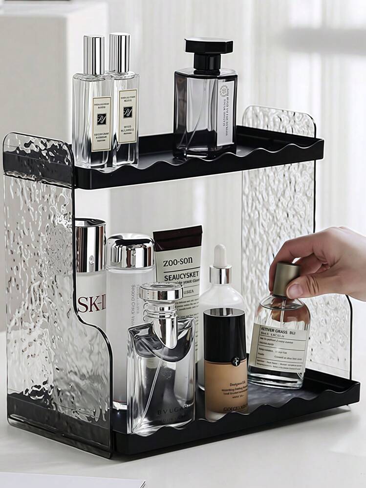 1pc Acrylic Makeup Organizer, Dual-Layer Increased Heighten Cosmetic Display Holder, Vanity Tray For Skincare, Perfume, Lipstick, Desk Storage Box, Dorm Organization,For Holiday Beach, Bathroom Collection, Bedroom Collection, Large Capacity - Black - View 10