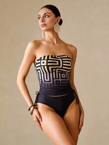 Swim Chiccia Women's Spaghetti Strap Bikini Top, Vintage Coin Print Geometric Ombre Ruched Drawstring Spaghetti Strap - Multicolor - View 6