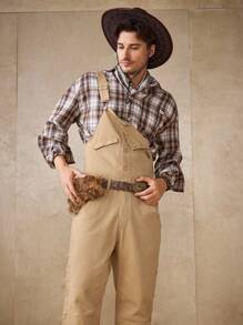 Manfinity Homme Mono holgado de pana caqui con parches y tirantes, estilo callejero, primavera/verano - Caqui - Ver 1