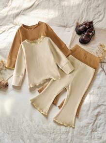 SHEIN Bộ 4 món/2 bộ đồ liền thân màu trơn thời trang xuân thu cho bé gái, áo dài tay và quần dài - Nhiều màu - Xem 8