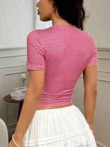 INAWLY Women's Multi-Color Angora Plaid Retro Print Cute T-Shirt - Multicolor - View 2