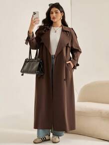 Auralis 大码女式秋冬时尚休闲宽松舒适日常基本百搭经典棕色长款风衣夹克，秋季女装，返校服装，老款女装，秋季外套 - 棕色 - 查看 3