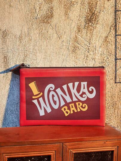 Willy Wonka and the Chocolate Factory X ROMWE Bolsa organizadora de cosméticos portátil con diseño de letras y bloques de color de moda