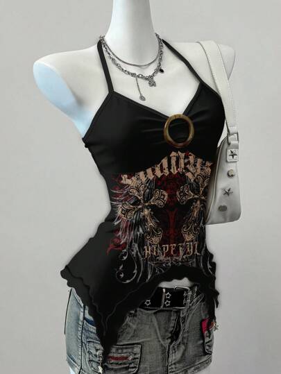 Attitoon Top de tirantes asimétrico con estampado de letras y cruces, estilo punk para mujer