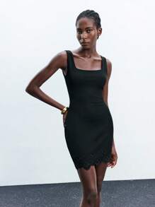 Maija 2025秋季音乐节女士方领粗肩带刺绣下摆修身黑色迷你连衣裙，适合优雅派对、婚礼嘉宾、生日、商务休闲 - 黑色 - 查看 5