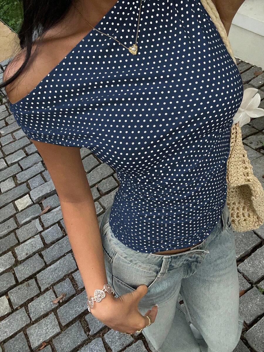 Sunnyshic Petite 白色和黑色波尔卡圆点不对称褶皱修身腰部衬衫，优雅休闲度假沙滩装，适合娇小女性夏季穿着 - 藏蓝色 - 查看 1