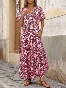 Breezaya 女式长款花卉印花蓝色蝙蝠袖连衣裙 - 酒紅色 - 查看 4