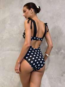 SHEIN ChicEase 1 pezzo Costume da bagno intero donna con volant a pois, adatto per vacanze - Bianco e nero - Visualizzare 2