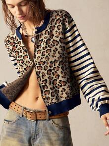 Cárdigan de manga larga con botones delanteros y estampado de leopardo y rayas para mujer, cárdigan de estampado de leopardo, cárdigan a rayas para mujer en otoño/invierno - Multicolor - Ver 5