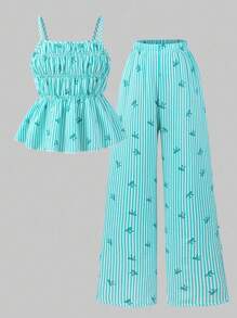 Sparklyn 女童条纹蝴蝶结吊带背心和直筒裤夏季度假装 - 綠色 - 查看 6