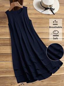 EMERY ROSE 大码女式夏季纯色圆领褶饰荷叶边下摆休闲无袖连衣裙 - 藏蓝色 - 查看 1