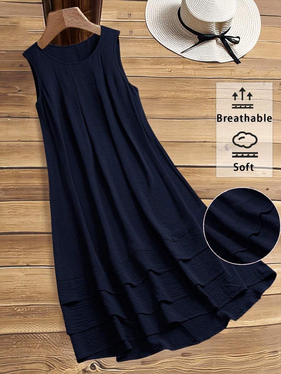 EMERY ROSE 大码女式夏季纯色圆领褶饰荷叶边下摆休闲无袖连衣裙 - 藏蓝色 - 查看 1