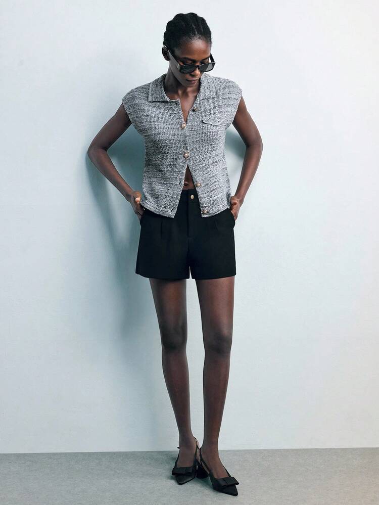 SHEIN Maija 넓은 숄더 칼라 메탈 버튼 장식 가디건 여성용, 초가을 개학 시즌에 적합 니트 탑 여성 여름 탑 여성 캡 슬리브 탑 여성 여름 작업 탑 비즈니스 캐주얼 탑 여성, 가을 여성용, 겨울 여성용, 겨울, 나이트 아웃, 외출 탑 여성, 나이트 아웃, 데이트 나이트, 올드 머니 스타일 여성 기본 탑, 교사, 할로윈, 개학 여성. 겨울 여성용, 겨울 여성용, 사계절