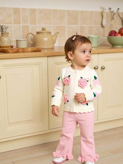 SHEIN Baby Girls Casual Cute Apricot Floral Pattern Knitted Cardigan + Knitted Pink Flare Pants, Soft & Comfortable, Suitable For Daily, Outing, Travel, Holiday, Home, Nursery, And Baby Girl Play Fall Winter