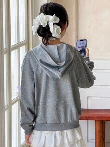 Genkimix Kids Girls' Casual Fashion Sports Everyday Loose Fit Drop Shoulder Long Sleeve Hoodie Jacket With Colorful Bow Decor, Suitable For Back To School In Autumn - Grey - View 2