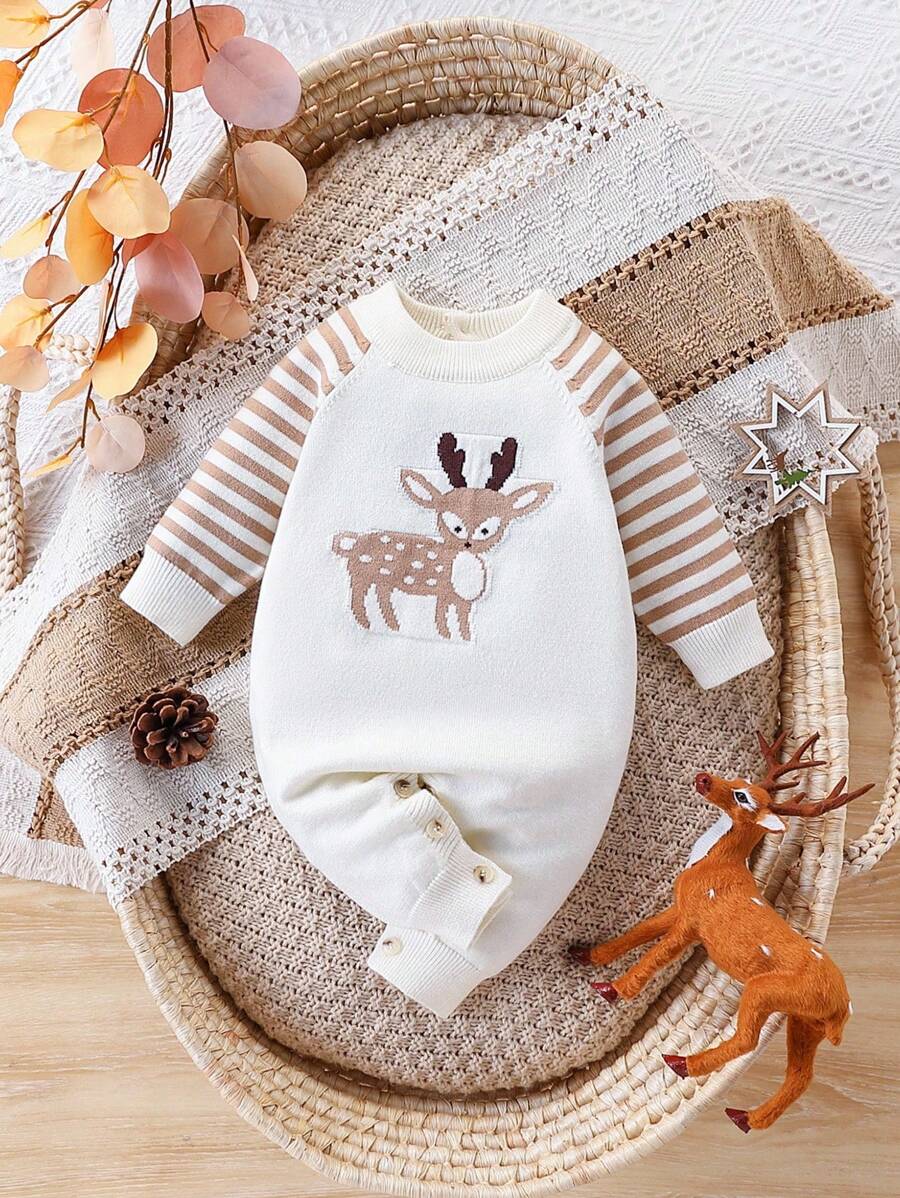 SHEIN 男婴针织毛衣，长袖连体裤，鹿提花图案，条纹拼色设计，休闲时尚，适合秋冬季日常穿着、居家、户外、旅行 - 彩色 - 查看 1