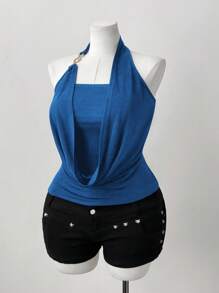 Flirla Áo thun nữ cổ tròn hở lưng co giãn thanh lịch cho kỳ nghỉ hè - Màu xanh lam - Xem 3