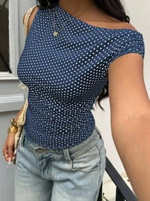 Sunnyshic Petite 白色和黑色波尔卡圆点不对称褶皱修身腰部衬衫，优雅休闲度假沙滩装，适合娇小女性夏季穿着 - 藏蓝色 - 查看 3