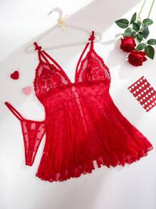 SHEIN 2 件套女士性感睡袍，心形提花网眼蕾丝拼接，外出穿着 - 紅色 - 查看 2
