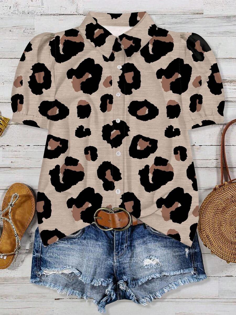 Mellowie Plus Size Women's Leopard Pattern Puff Sleeve Shirt,Beige Summer Smart Casual Vacation Holiday Chic Blouses,Bohemian Mother's Day Fashion Tops - Multicolor - View 1