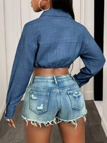 BamGleam 休闲时尚百搭牛仔效果性感长袖短款衬衫